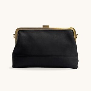 NWOT Laflore Paris Elegant Black Clutch with Gold Accents and Chain Strap